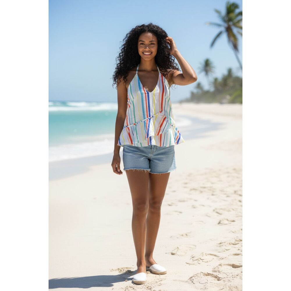 Crosby by Mollie Burch rainbow stripe ruffled hem halter top Sz Small